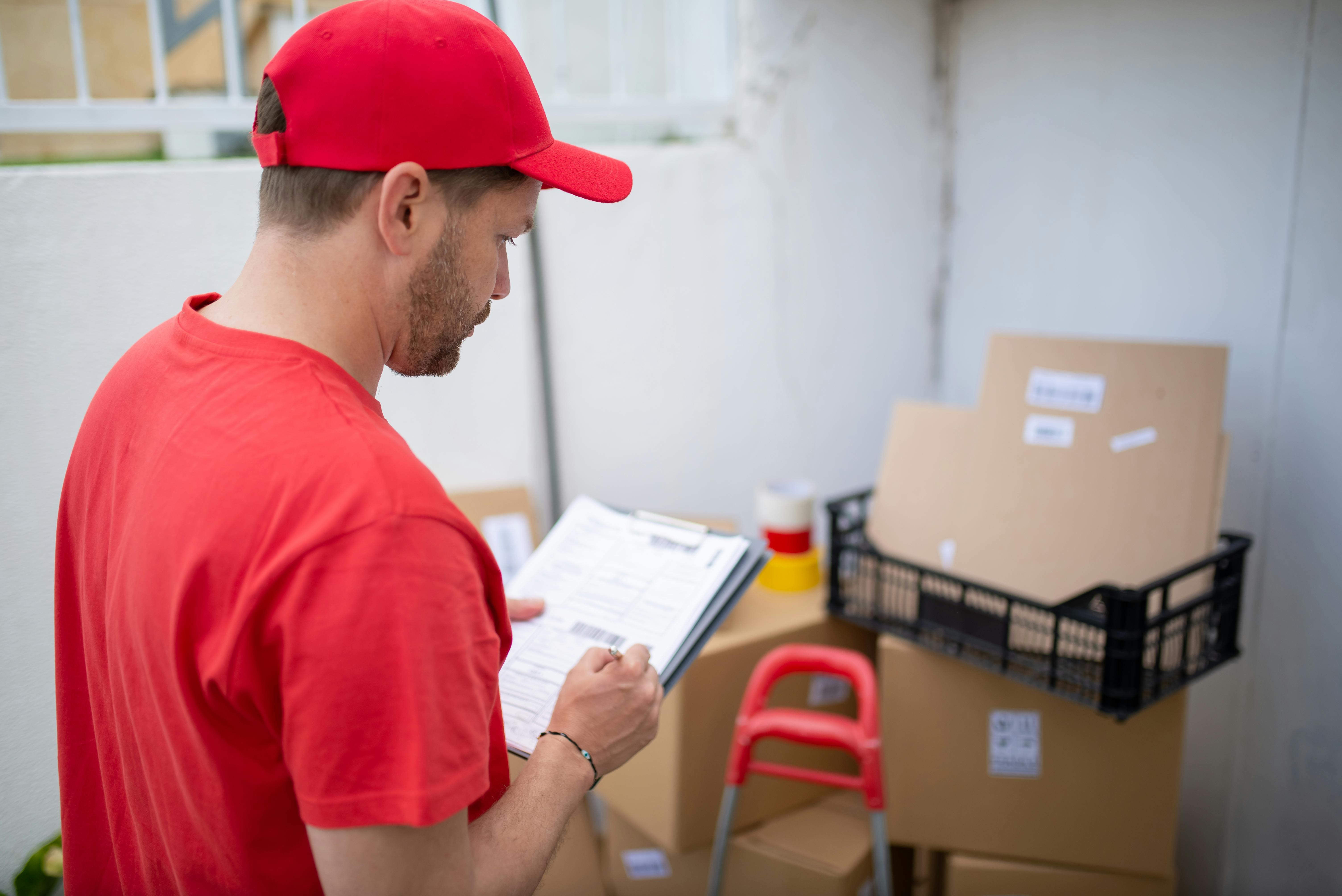 Logistički koordinator u radnoj odjeći piše nalog